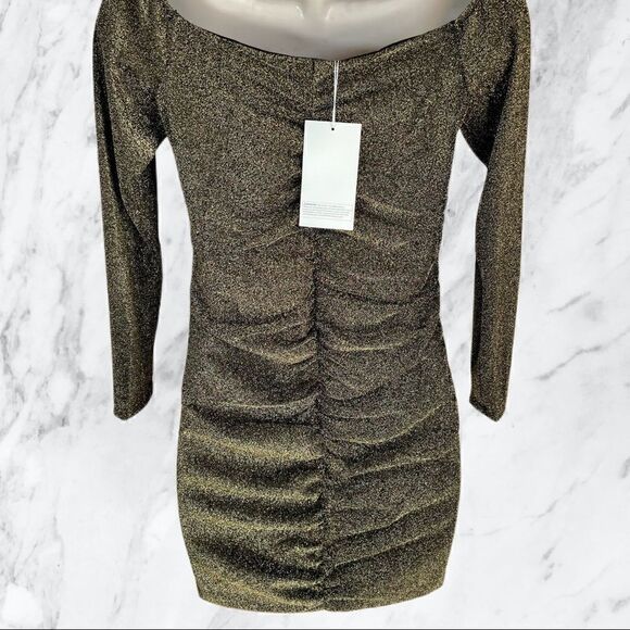 Honey Gold Black Lurex Off Shoulder Sparkle Ruched Long Sleeve Mini Dress - Picture 5 of 6